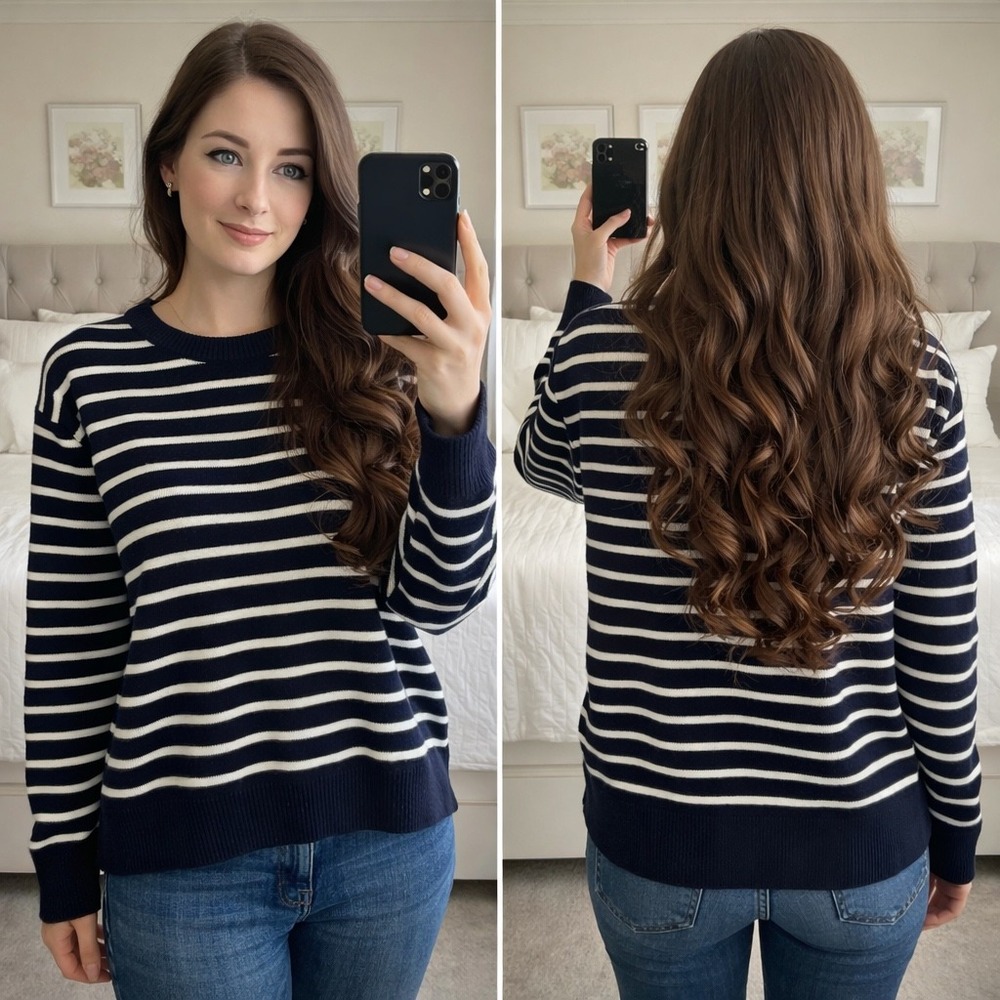 J.Crew Womens XL Navy Blue White Striped Lambswool Blend Crewneck Sweater